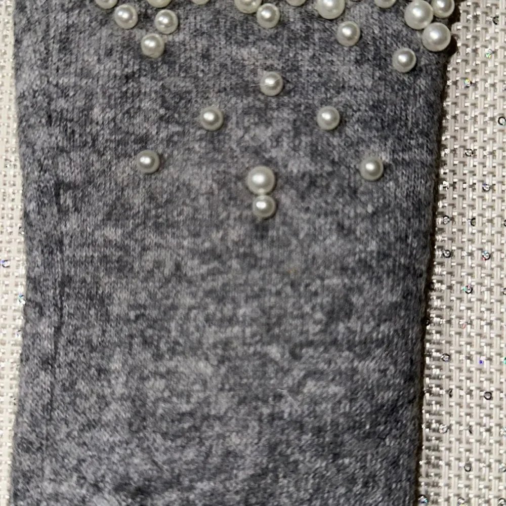 Gray Cashmere Blend Fine Knit Faux Pearl Beaded Fleece Lined E Tip Gloves